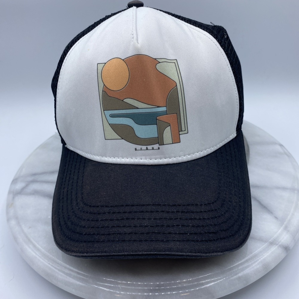 prAna Trucker Hat Men's Adjustable Snapback Abstract Graphic Mesh Black White